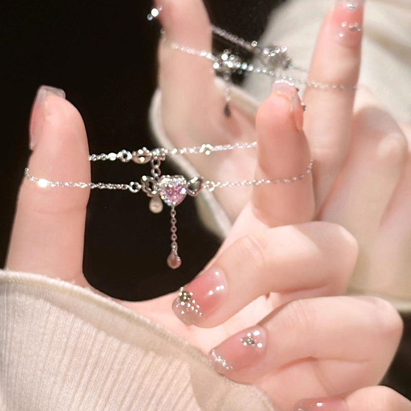 Pink Crystal Heart Tassel Bracelet